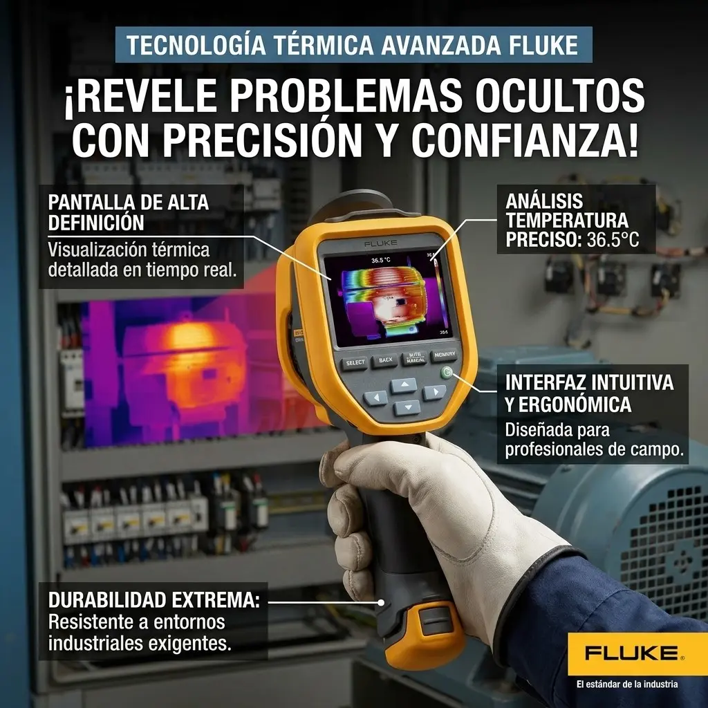 Cámara fluke profesional detectando fallos en un tablero eléctrico.
