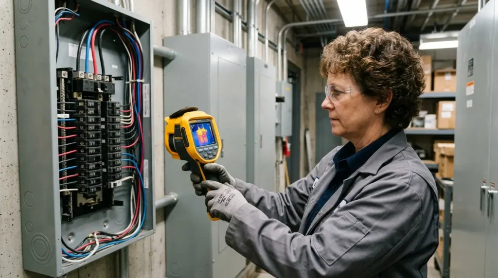 Mujer haciendo uso de cámaras termográficas para electricidad a nivel industrial
