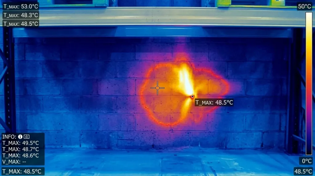 Detección de fuga de agua en pared con cámara termográfica.